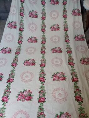 Floral Rose Print Tablecloth - Pink on Cream Super Long 194" Width 58" Vintage